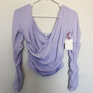 OPEN EDIT purple Cropped Ruched Draped blouse top cotton blend sz Medium NWT